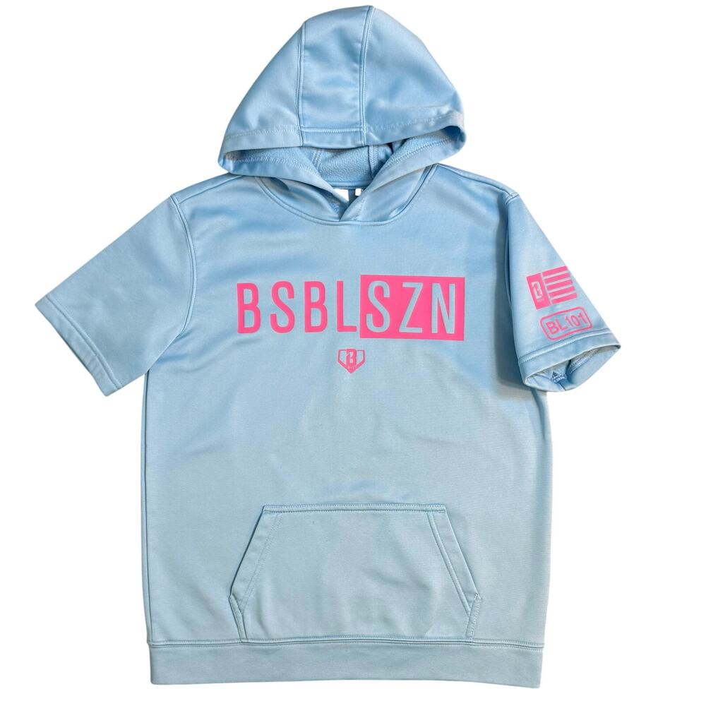Baseball Lifestyle 101 BSBL-SZN Short Sleeve Hoodie V2 Blue Pink Youth Large